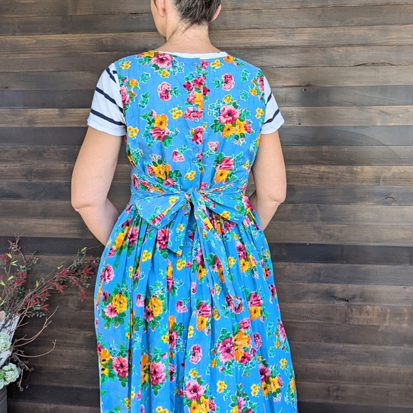 vintage FLORAL COTTON DRESS 1980's midi M - Picture 9 of 11